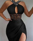 Sexy Night Out Party Dresses for Women 2022 Rhinestone Ruched High Slit Contrast Lace Corset Sleeveless Halter Slim Dress New