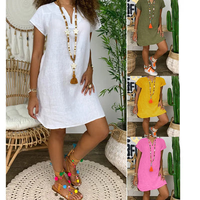 Vacation Summer Loose Solid Color Short Sleeved V-neck Cotton Linen Dress For Women's Clothing White Army Green Short Dresses
